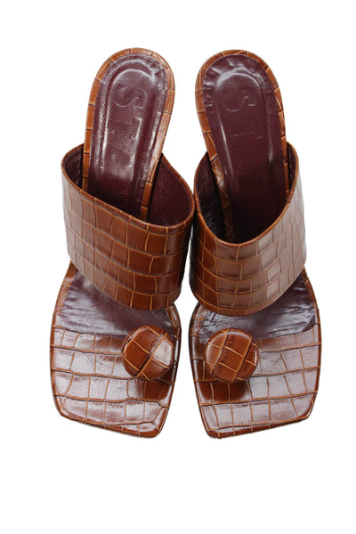 Staud Womens High Heel Croc Embossed Leather Slide Sandals Brown Size 40