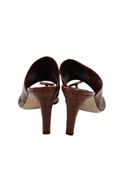 Staud Womens High Heel Croc Embossed Leather Slide Sandals Brown Size 40