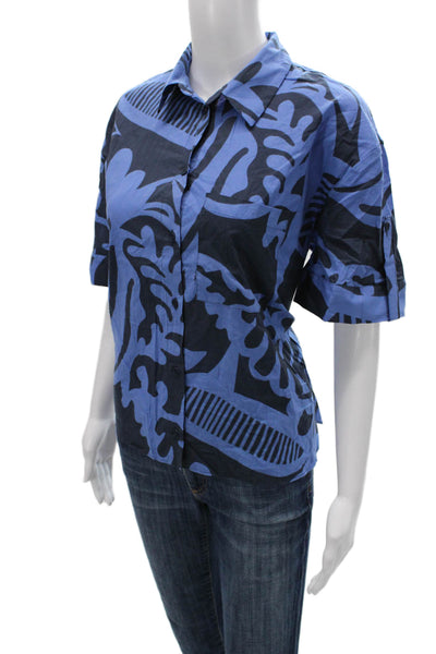 Zara Womens Collared Blue Geometric Cotton Button-Up Top 3/4 Sleeve Size M
