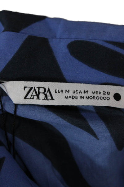 Zara Womens Collared Blue Geometric Cotton Button-Up Top 3/4 Sleeve Size M