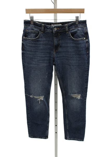 Zara Women Tapered Jeans Blue Mid Rise Distressed Cotton Blend Size 6