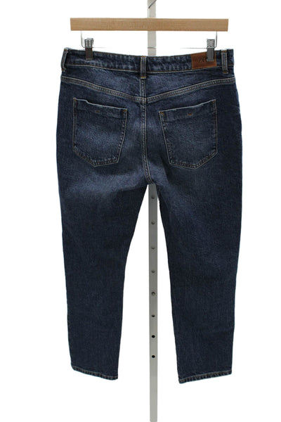 Zara Women Tapered Jeans Blue Mid Rise Distressed Cotton Blend Size 6