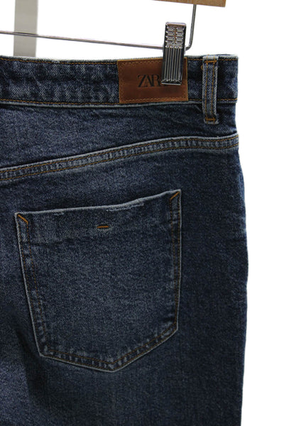 Zara Women Tapered Jeans Blue Mid Rise Distressed Cotton Blend Size 6