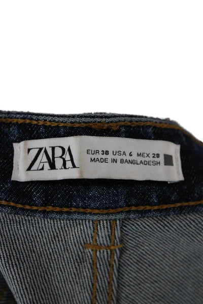 Zara Women Tapered Jeans Blue Mid Rise Distressed Cotton Blend Size 6