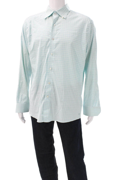 Peter Millar Mens Blue Check Dress Shirt Collared Nylon Size L