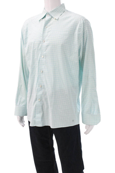 Peter Millar Mens Blue Check Dress Shirt Collared Nylon Size L