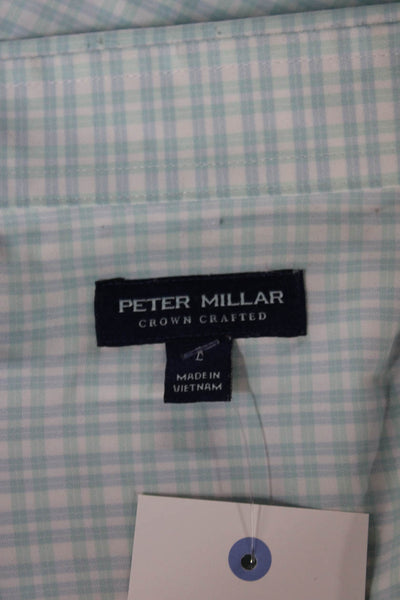 Peter Millar Mens Blue Check Dress Shirt Collared Nylon Size L