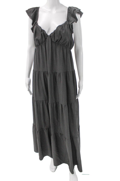 English Factory Women Long V Neck Short Sleeve Black Dress Size M