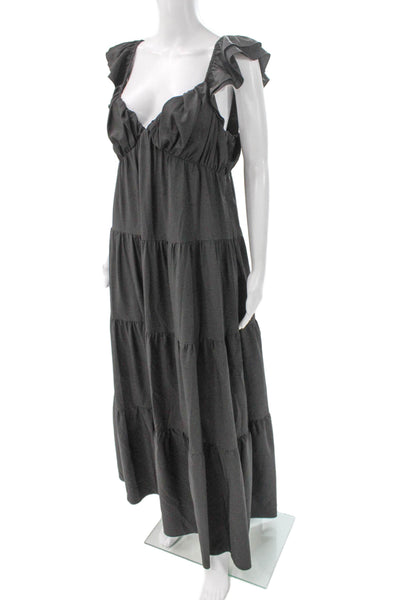 English Factory Women Long V Neck Short Sleeve Black Dress Size M