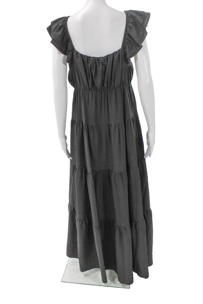 English Factory Women Long V Neck Short Sleeve Black Dress Size M