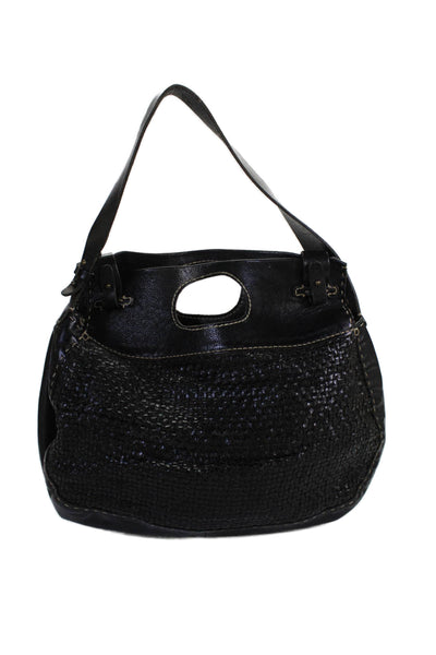Henry Beguelin Womens Single Strap Double Handle Woven Leather Handbag Black