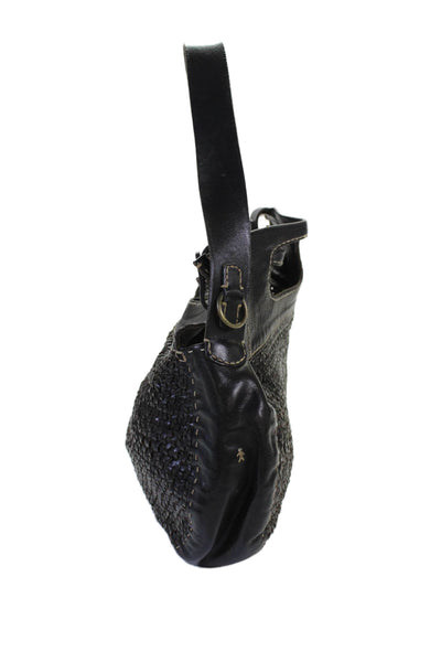 Henry Beguelin Womens Single Strap Double Handle Woven Leather Handbag Black