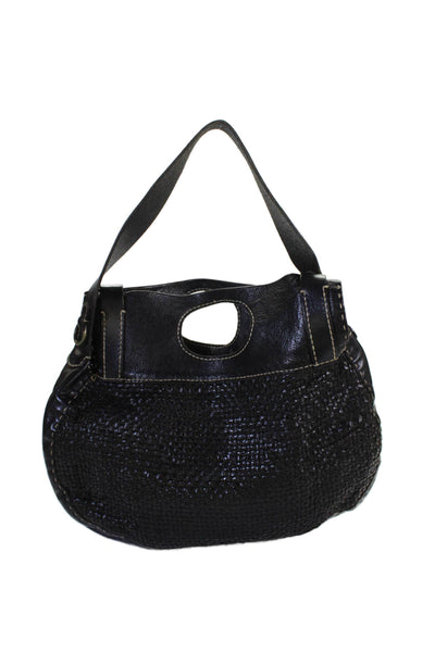 Henry Beguelin Womens Single Strap Double Handle Woven Leather Handbag Black