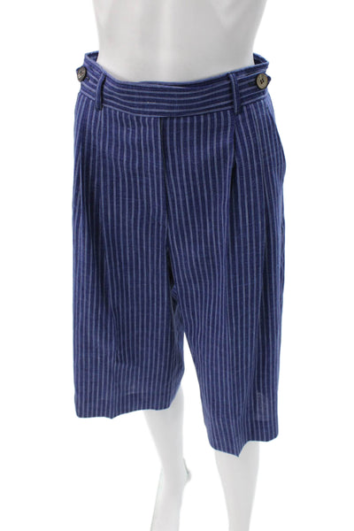 QL2 Women Cropped Wool Striped Pants Blue Button Closure Size 42