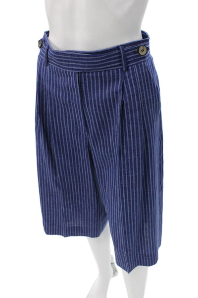 QL2 Women Cropped Wool Striped Pants Blue Button Closure Size 42