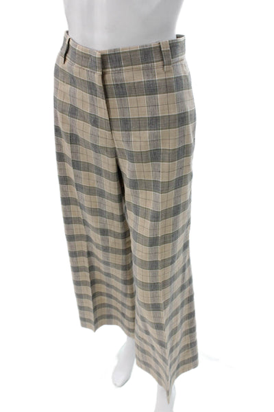 QL2 Womens Beige Plaid Wool Blend Dress Pants Button Closure Size 42