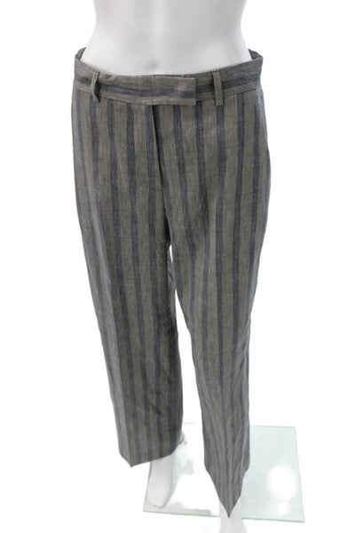 QL2 Women Ankle Striped Gray Linen Blend Button Closure Pants Inseam 30 Size 42