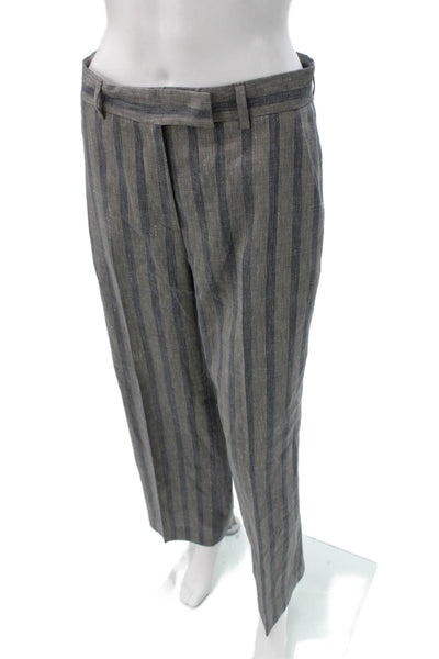 QL2 Women Ankle Striped Gray Linen Blend Button Closure Pants Inseam 30 Size 42
