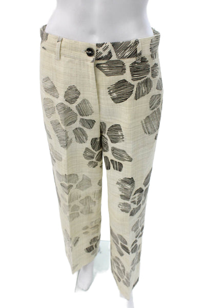 QL2 Womens Beige Floral Linen Ankle Pants Button Closure Size 42