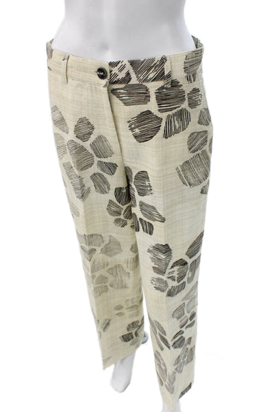 QL2 Womens Beige Floral Linen Ankle Pants Button Closure Size 42