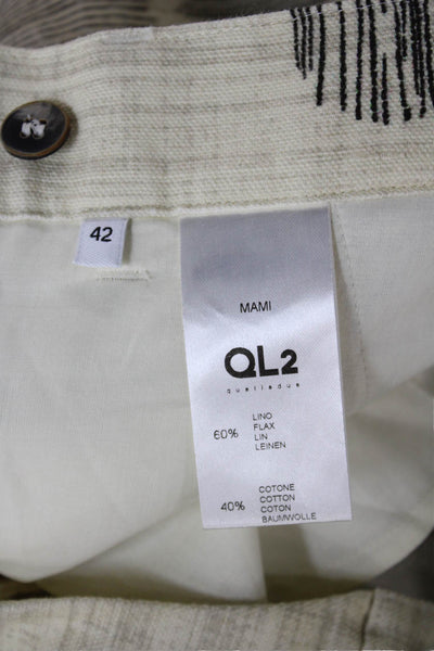 QL2 Womens Beige Floral Linen Ankle Pants Button Closure Size 42