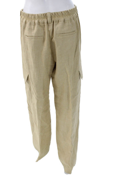 QL2 Women Cargo Linen Pants Beige Button Closure Inseam 32 Size 42