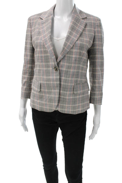 QL2 Womens Basic Jacket Gray Plaid Linen Blend 3/4 Sleeve Button Size 42