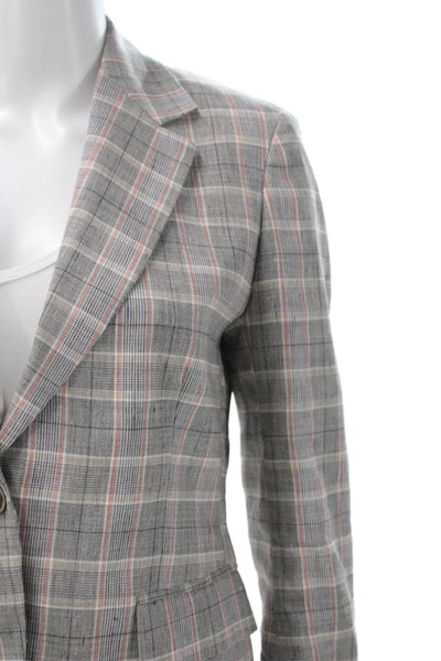 QL2 Womens Basic Jacket Gray Plaid Linen Blend 3/4 Sleeve Button Size 42