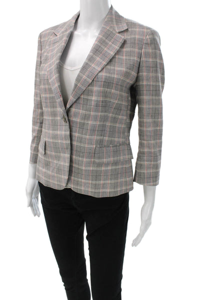 QL2 Womens Basic Jacket Gray Plaid Linen Blend 3/4 Sleeve Button Size 42
