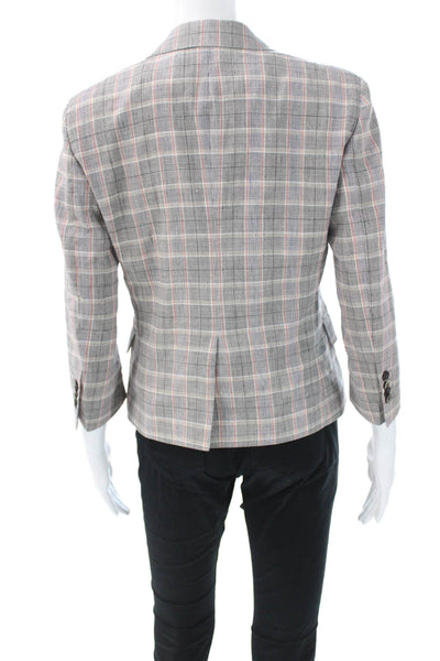 QL2 Womens Basic Jacket Gray Plaid Linen Blend 3/4 Sleeve Button Size 42