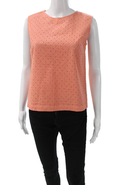 QL2 Womens Basic Orange Cotton Geometric Sleeveless Round Neck Blouse Size 42