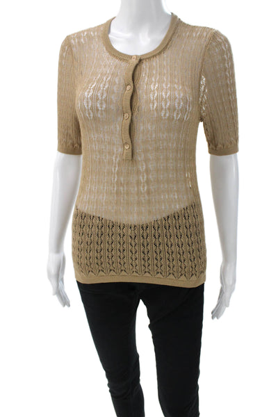 QL2 Womens Henley Sweater Beige Geometric Short Sleeve Viscose Size 42