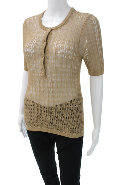 QL2 Womens Henley Sweater Beige Geometric Short Sleeve Viscose Size 42