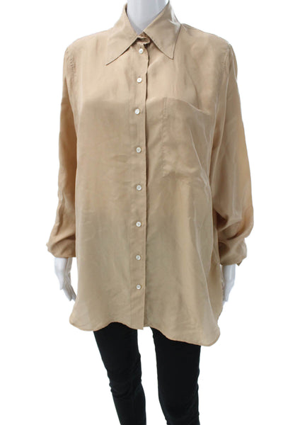QL2 Women Silk Collared Long Sleeve Button-Up Tunic Beige Size 42