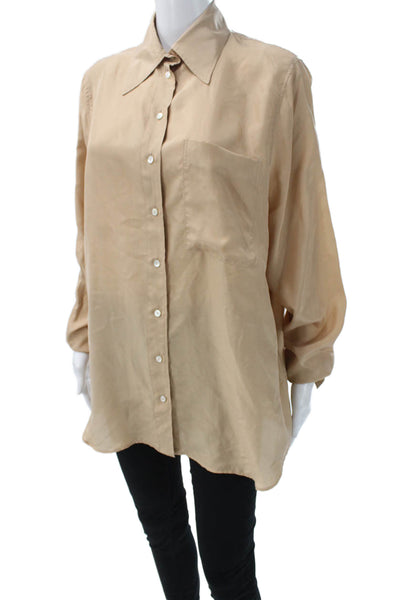 QL2 Women Silk Collared Long Sleeve Button-Up Tunic Beige Size 42