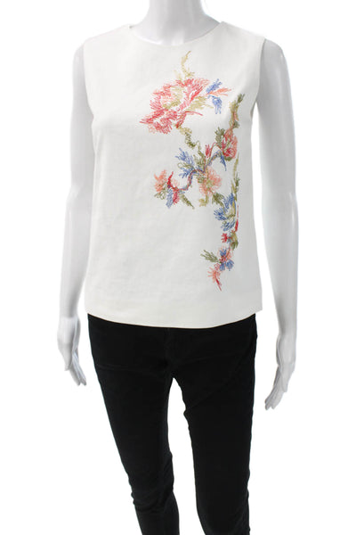 QL2 Women Basic Floral Sleeveless Round Neck Zip Blouse White Size 38