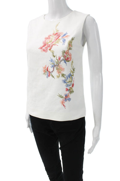 QL2 Women Basic Floral Sleeveless Round Neck Zip Blouse White Size 38