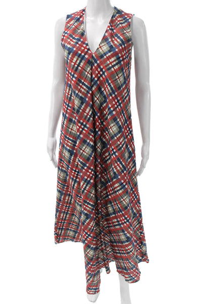 QL2 Womens Maxi Dress Multicolor Linen V-Neck Sleeveless Mid-Calf Plaid Size 42