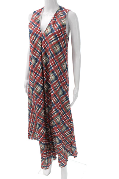 QL2 Womens Maxi Dress Multicolor Linen V-Neck Sleeveless Mid-Calf Plaid Size 42