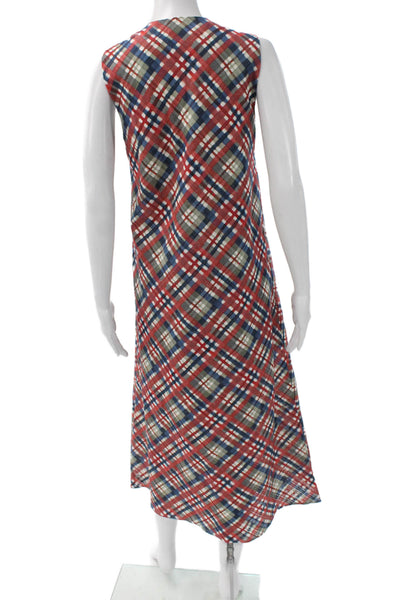 QL2 Womens Maxi Dress Multicolor Linen V-Neck Sleeveless Mid-Calf Plaid Size 42