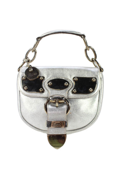 Gucci Womens Romy Leather Top Handle Bag Handbag Metallic Silver
