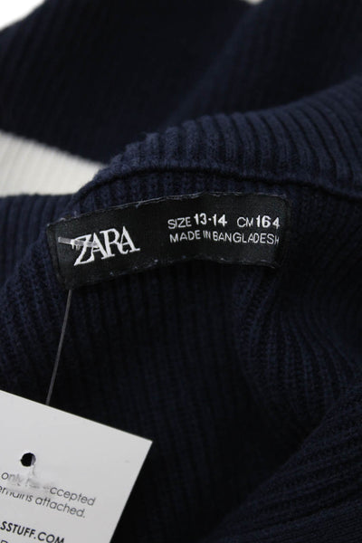 Zara Girls Long Sleeve Quarter Zip Pullover Sweater Blue Stripes Size 13-14