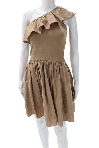 Molo Girls A-Line Ruffle Dress Beige One Shoulder Sleeveless Cotton Size S