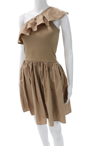 Molo Girls A-Line Ruffle Dress Beige One Shoulder Sleeveless Cotton Size S