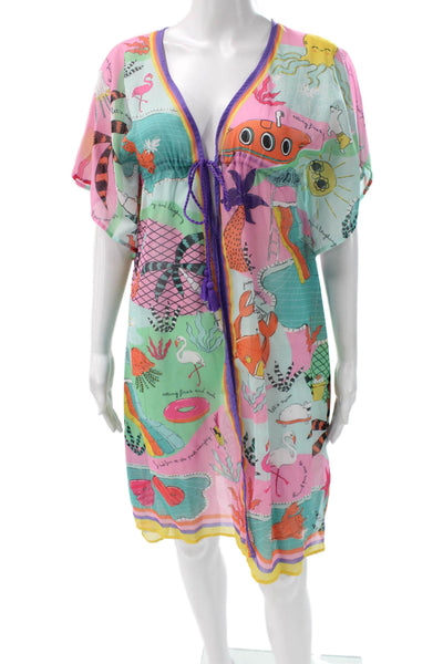 Agua Bendita Women Multicolor Kaftan Dress V-Neck Tie Waist Mid-Calf Size S