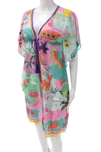 Agua Bendita Women Multicolor Kaftan Dress V-Neck Tie Waist Mid-Calf Size S