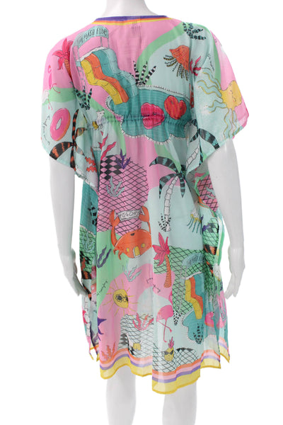 Agua Bendita Women Multicolor Kaftan Dress V-Neck Tie Waist Mid-Calf Size S