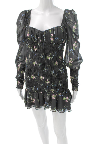 For Love & Lemons Women Mini Black Floral Sweetheart Long Sleeve Dress Size S