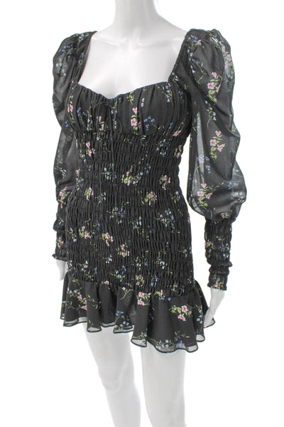 For Love & Lemons Women Mini Black Floral Sweetheart Long Sleeve Dress Size S