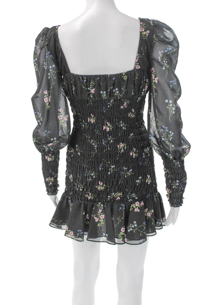 For Love & Lemons Women Mini Black Floral Sweetheart Long Sleeve Dress Size S